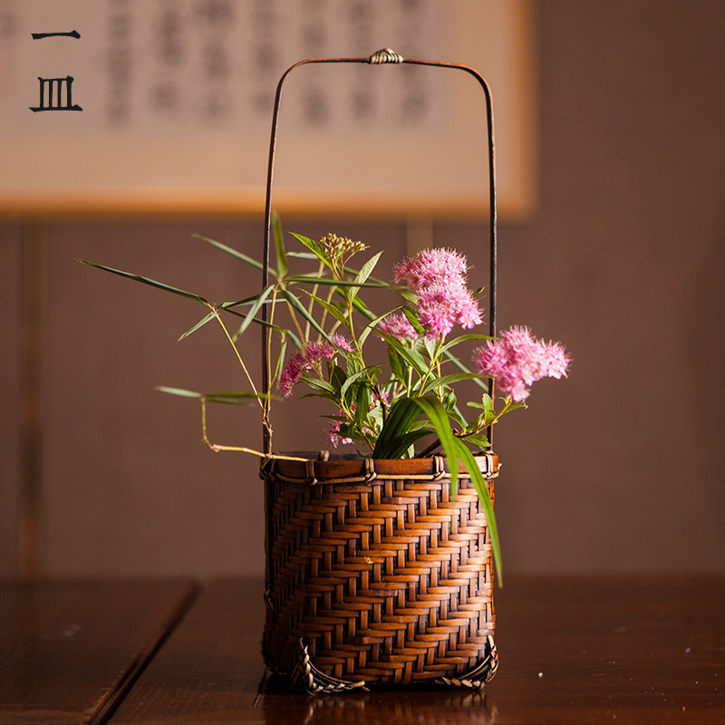 插花花篮手工竹编竹篮花器花篮子日式花瓶插花器中式器皿禅意摆件