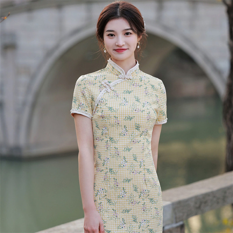 2026新款春夏款花边弹力棉麻中长旗袍连衣裙清新文艺复古改良少女