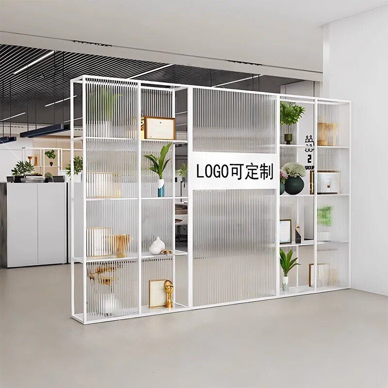 公司进门前台置物架玄关logo形象墙办公室玻璃隔断墙办公区域屏风