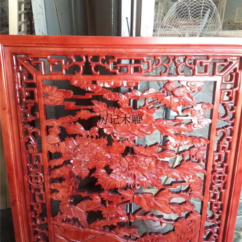 东阳木雕中式实木手工双面雕刻雕花板花开富贵牡丹鸟玄关隔断定制