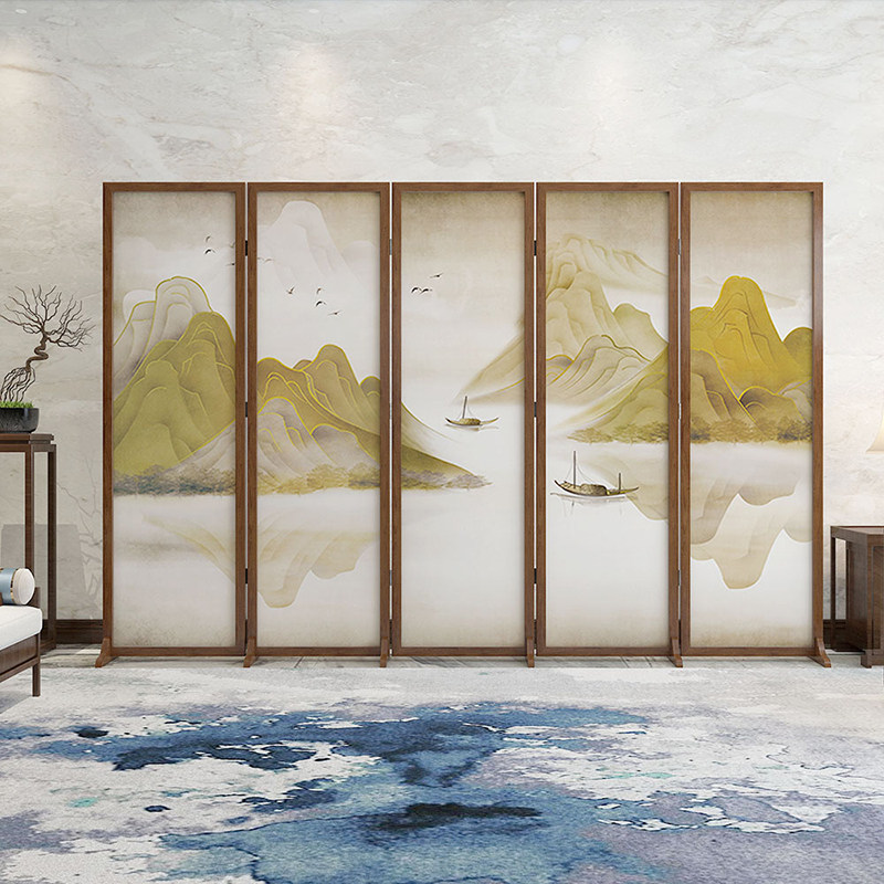 新中式实木屏风折叠移动茶室大厅办公室遮挡国画山景胡桃木定制