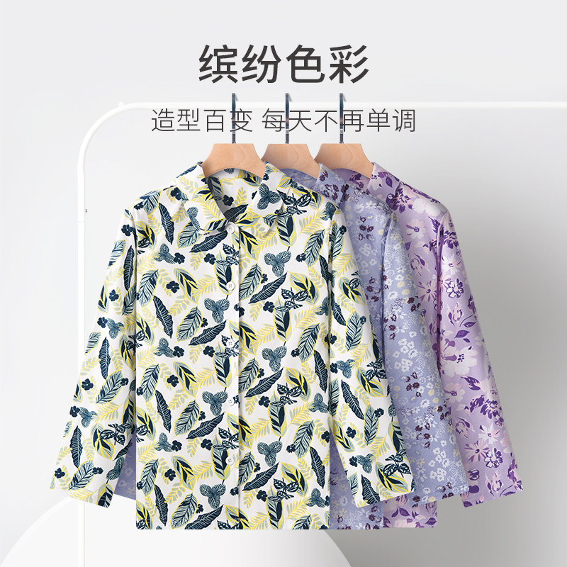 春织中老年人妈妈装翻领宽松休闲纯棉长袖衬衫女装老人春秋上衣