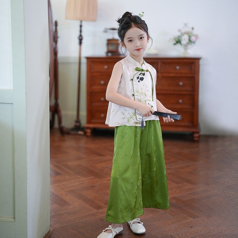 儿童夏季汉服套装新中式国风2024新款女童改良旗袍上衣裤子两件套