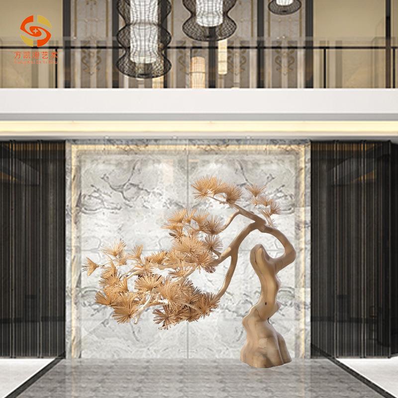 中式家居别墅落地迎客松树仿真植物雕刻摆件软装罗汉树厂家定制