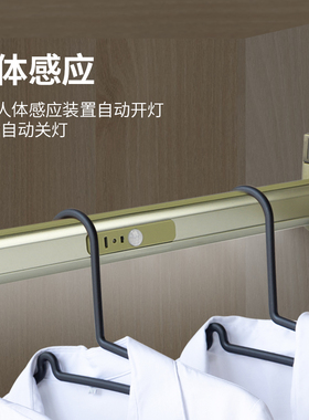 衣柜带灯款挂衣杆智能人体感应LED灯杆衣橱柜内USB充电衣通杆单杆