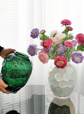 高级特大号欧式轻奢复古浮雕玻璃花瓶摆件M客厅插花水培鲜花干花