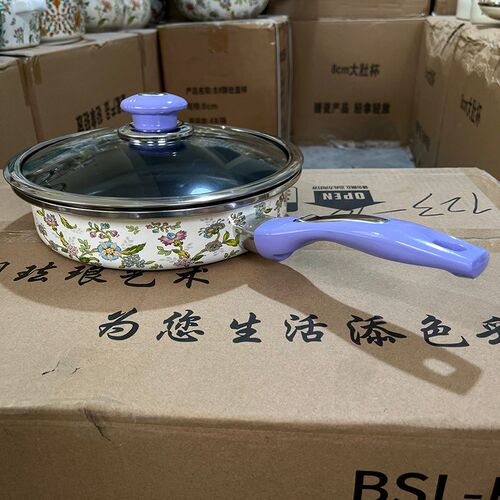 24cm搪瓷煎锅芳香珐琅无涂层A煎锅平底锅长柄奶锅带盖家用早餐锅