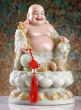 汉白玉弥勒佛菩萨大肚笑佛招财摆件翠玉镶K金圆满笑佛佛像佛堂供