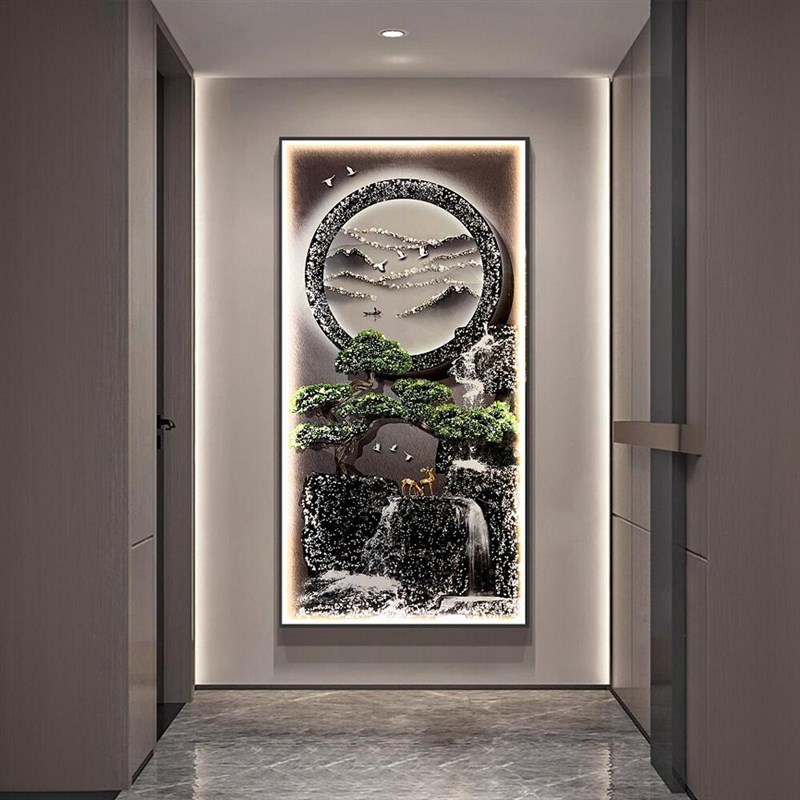 流水生财新中式玄幻过道挂画轻奢背景墙入户玄关装饰画正对门壁画