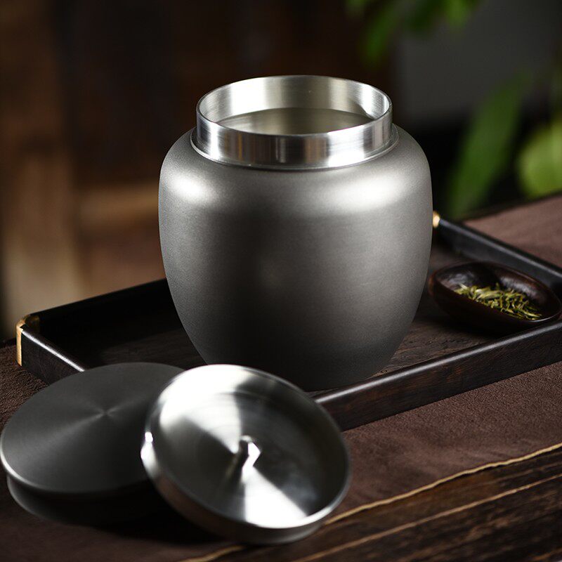 一纪 2斤装黑色茶叶罐锡罐纯锡超大号储茶罐金属密封罐茶仓礼盒装