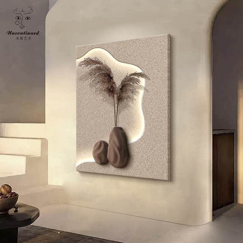 侘寂风砂岩入户门正对墙挂画走廊led壁灯玄关装饰画客厅高档壁画
