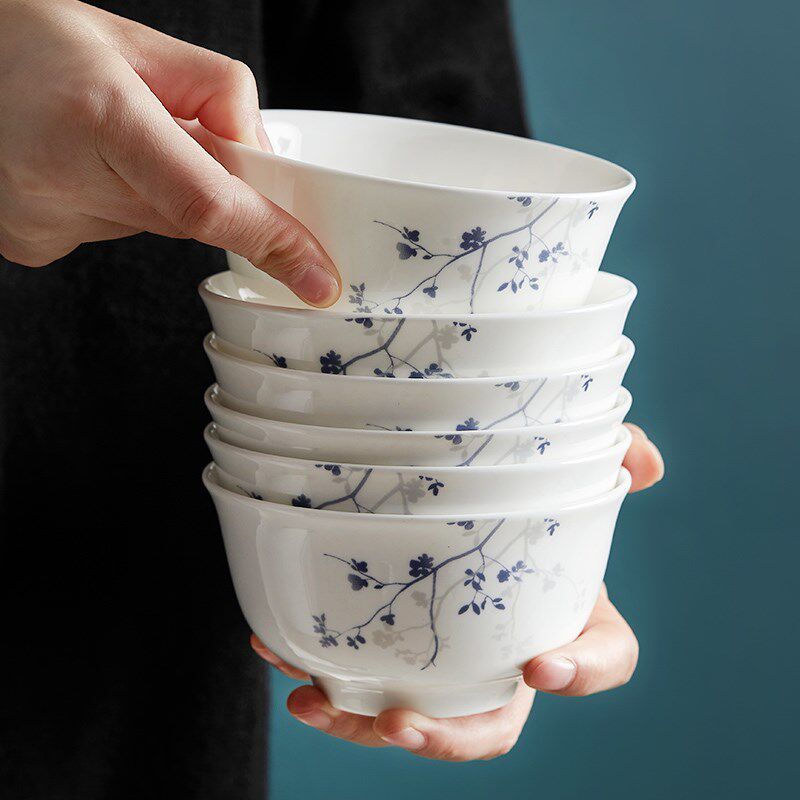 骨瓷米饭碗6只家用陶瓷6寸面碗大号碗7寸4只简约田园风盘子组合