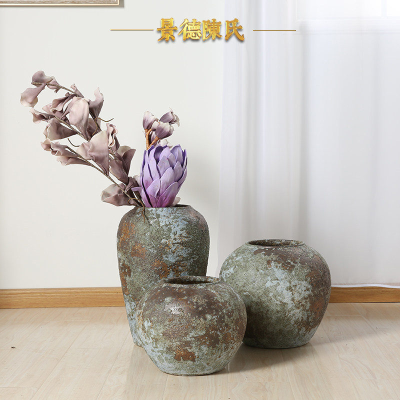 复古景德镇陶瓷器落地花瓶做旧粗陶陶罐坛子干花花器花盆软装摆件