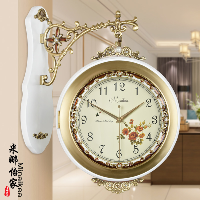 欧式仿古实木创意双面挂钟大号静音客厅黄铜壁挂两面石英钟表时钟