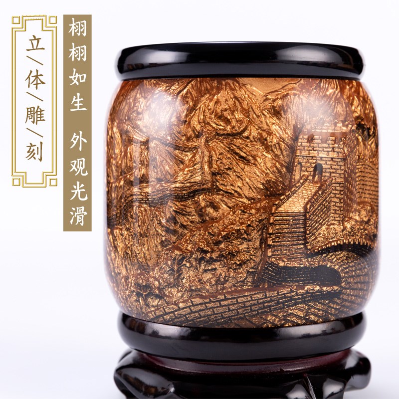 古典水晶浮雕笔筒中国风书房办公室桌面装饰品创意摆件出国送老外