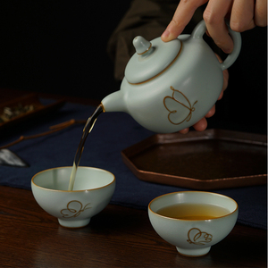 青澹汝窑功夫茶具套装家用客厅泡茶简约茶壶整套景德镇陶瓷冰裂釉