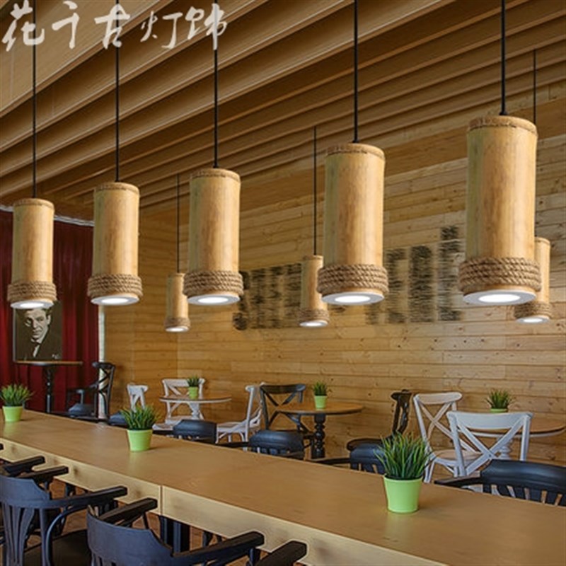 美式乡村餐厅咖啡厅吊灯创意竹筒灯复古工业射灯吧台餐桌麻绳吊灯图片