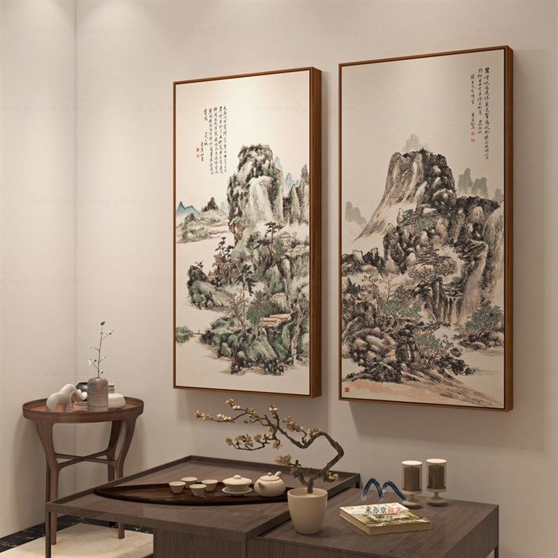 米亦堂x黄宾虹 新中式田园山水挂画客厅餐厅玄关书房双联装饰国画
