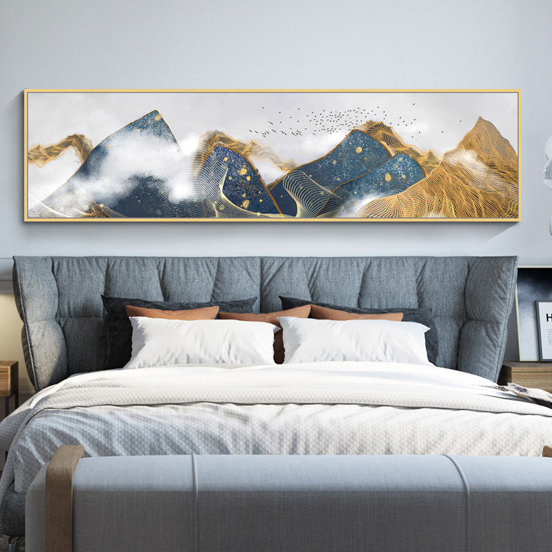 卧室床头装饰画北欧横幅长款挂画新中式水彩画美式金山卡通猫壁画