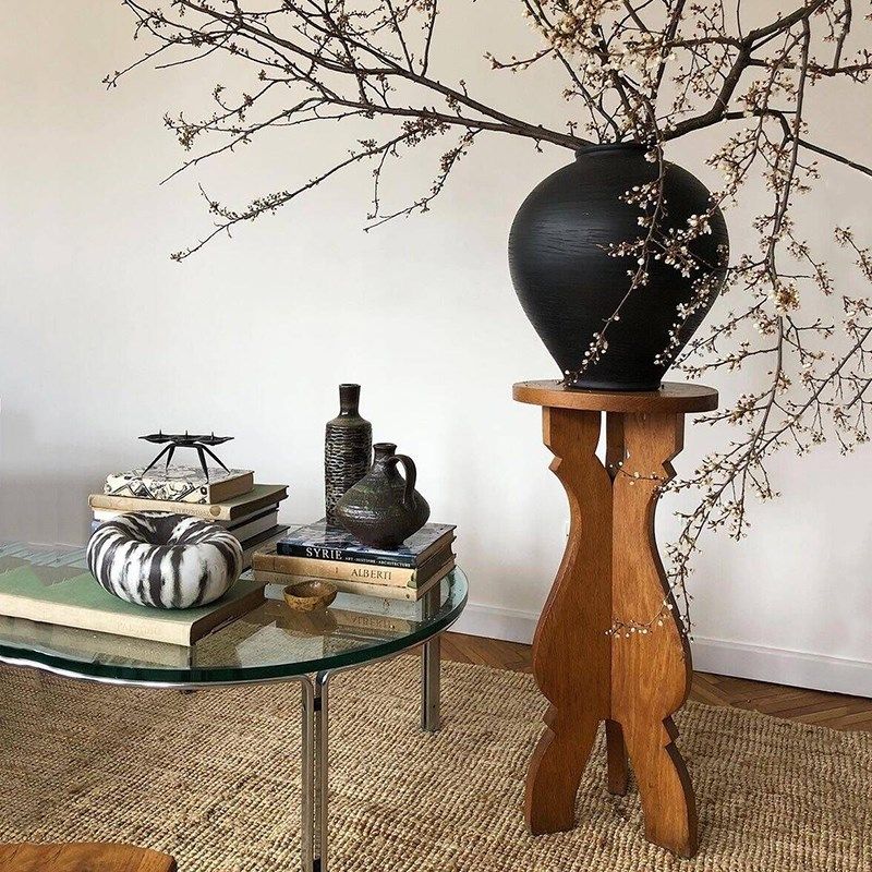 形上三脚花架中古风实木底座沙发边角落地花架子小众家具装饰摆件
