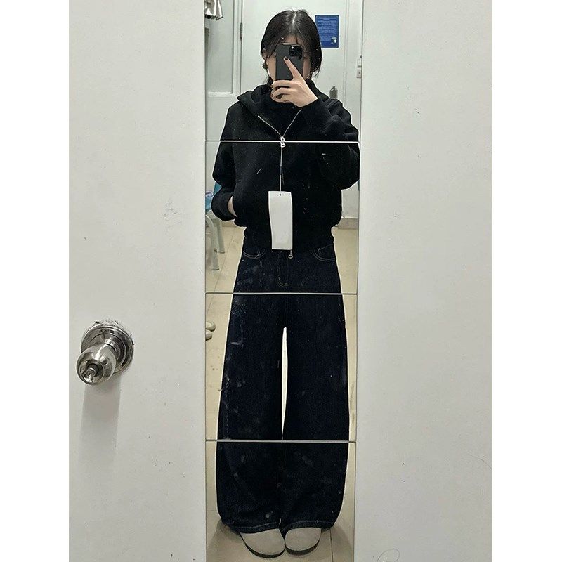 黑色拉链连帽短款卫衣女秋冬百搭2025新款小个子开衫显瘦上衣外套