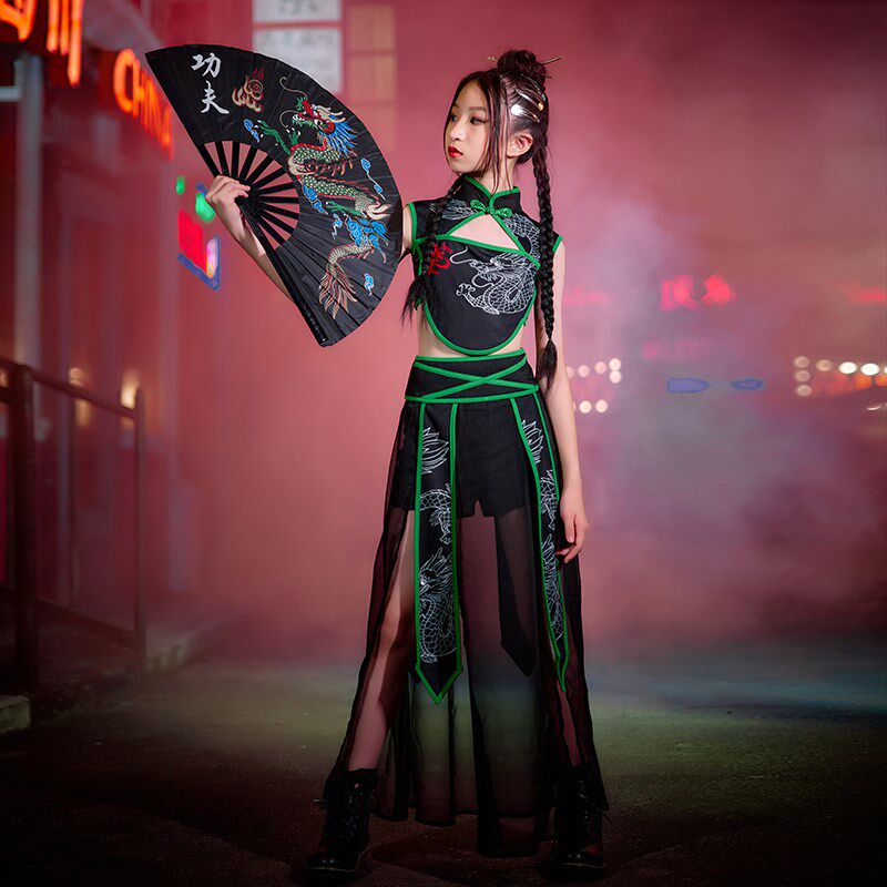 女童国潮模特t台走秀服中国风儿童长裙舞蹈表演服学生演出服套装