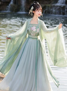 诃子裙汉服女款绿色唐制广袖流仙裙仙气飘飘改良版连衣裙古装夏季