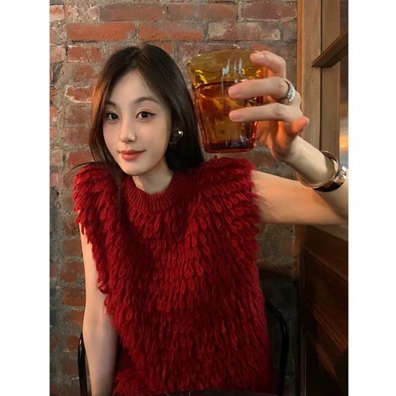 马海毛车厘子红色羽毛针织无袖背心女春季洋气短款显瘦毛衣马甲厚