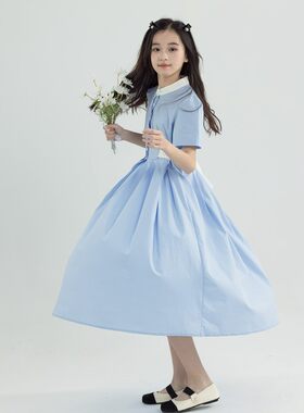 2026新款女童连衣裙夏中大童洋气撞色小立领裙子女孩学院风公主裙