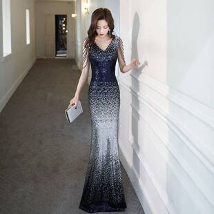 2026新款亮片晚礼服女性感气场女王鱼尾修身长款主持人连衣裙显瘦