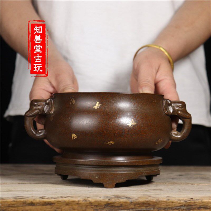 苏工纯铜点金象耳底座套炉 耳彝炉宣德套炉香薰炉铜炉家用工艺品