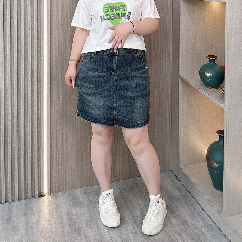 牛仔半身裙女夏2024新款大码女装胖mm宽松弹力显瘦a字休闲短裙子