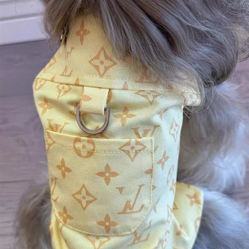 狗狗春夏裙子衣服戴帽子小狗泰迪雪纳瑞博美牛仔背带裙带牵引绳