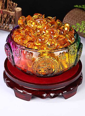 大号水晶聚宝盆摆件琉璃元宝客厅店铺柜台玄关装饰品开业乔迁礼品