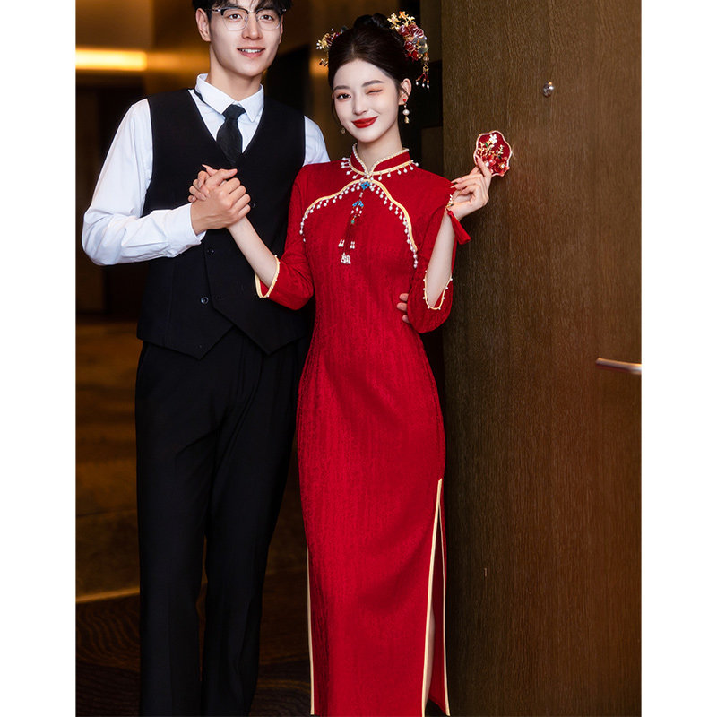 红色新中式旗袍敬酒服新娘2025年新款订婚礼服裙女结婚小个子中袖