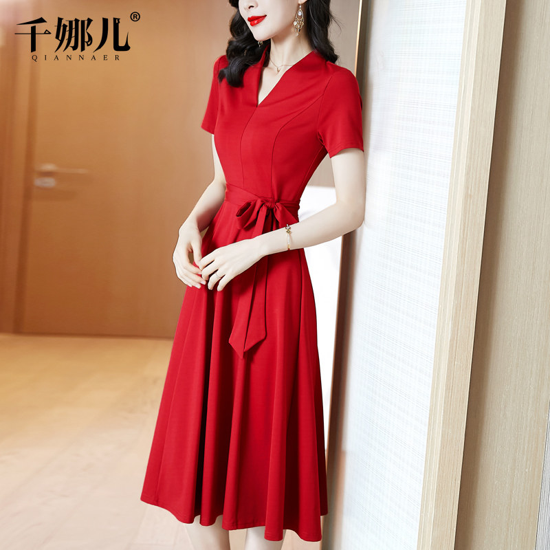 红色长裙连衣裙女夏天2021新款短袖高端修身显瘦气质a字大摆裙子