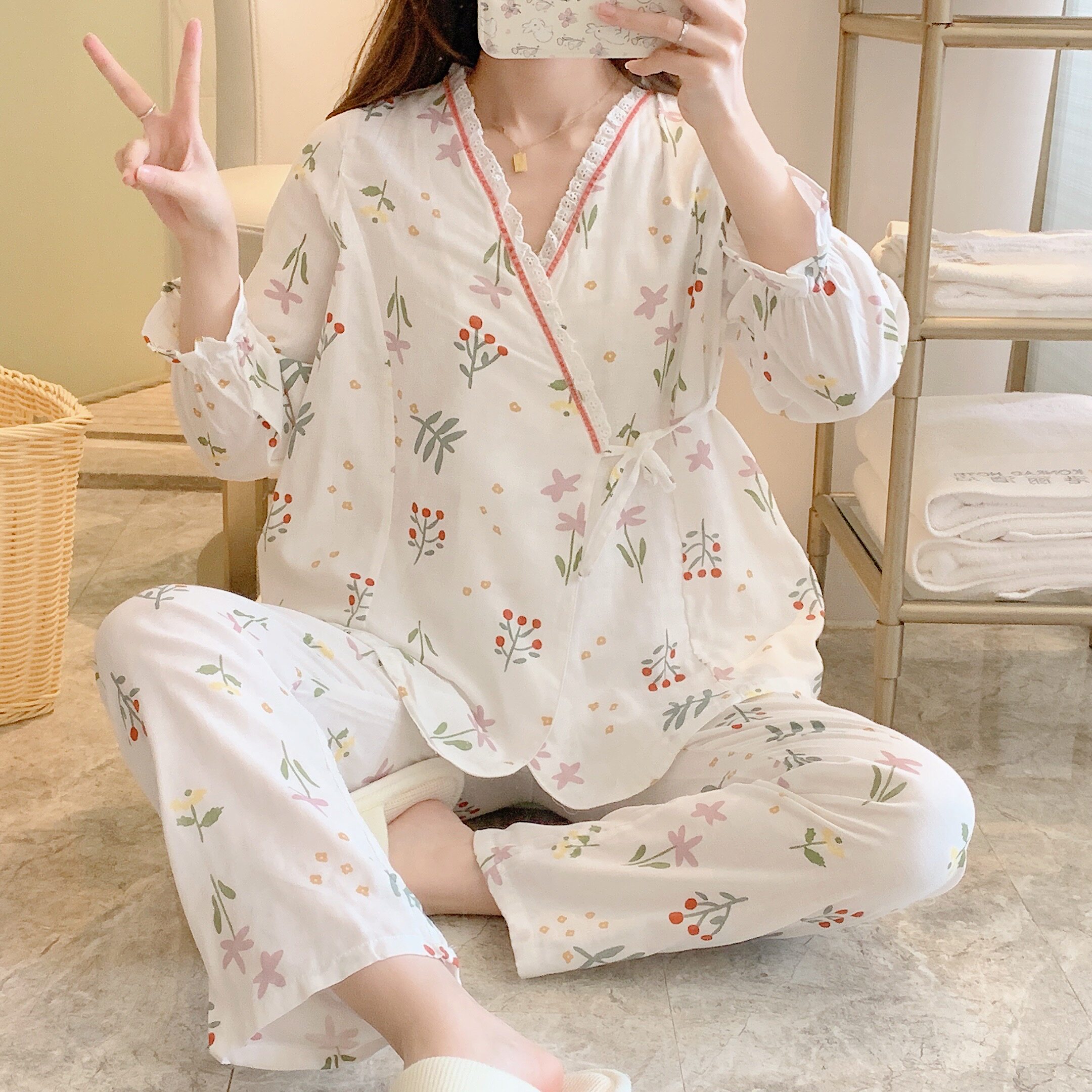 和服纱布月子服夏装薄款长袖孕妇睡衣吸汗透气产妇家居服哺乳衣