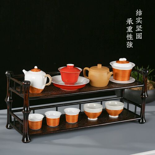 新中式纯手工筇竹茶棚双层杯架桌面博古架茶具收纳架多功能置物架