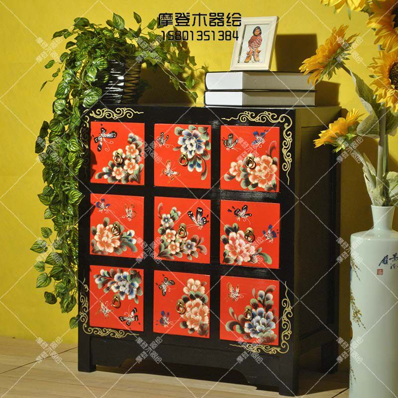 彩绘九斗柜实木柜收纳柜中式古典玄关柜客厅卧室装饰柜藏式家具