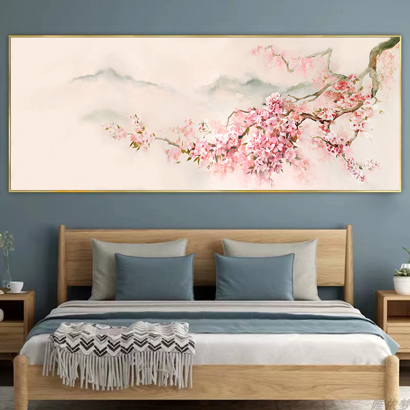 新中式桃花海棠梅花装饰画客厅沙发背景墙卧室床头挂画可自粘画芯