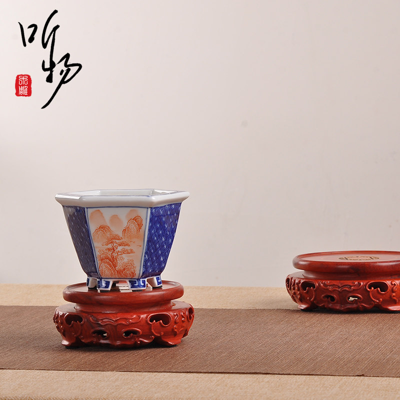 红檀木圆形花瓶花盆聚宝盆鱼缸茶壶奇石盆景家居摆件底座实木托架