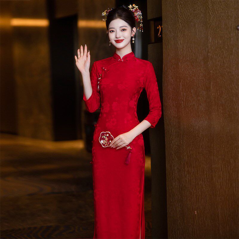 旗袍敬酒服新娘2025新款红色订婚礼服出阁宴新中式长袖结婚连衣裙