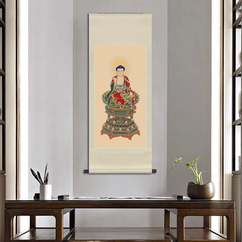 工笔佛像人物国画释迦三尊华严三圣文殊普贤菩萨画像中式卷轴挂画