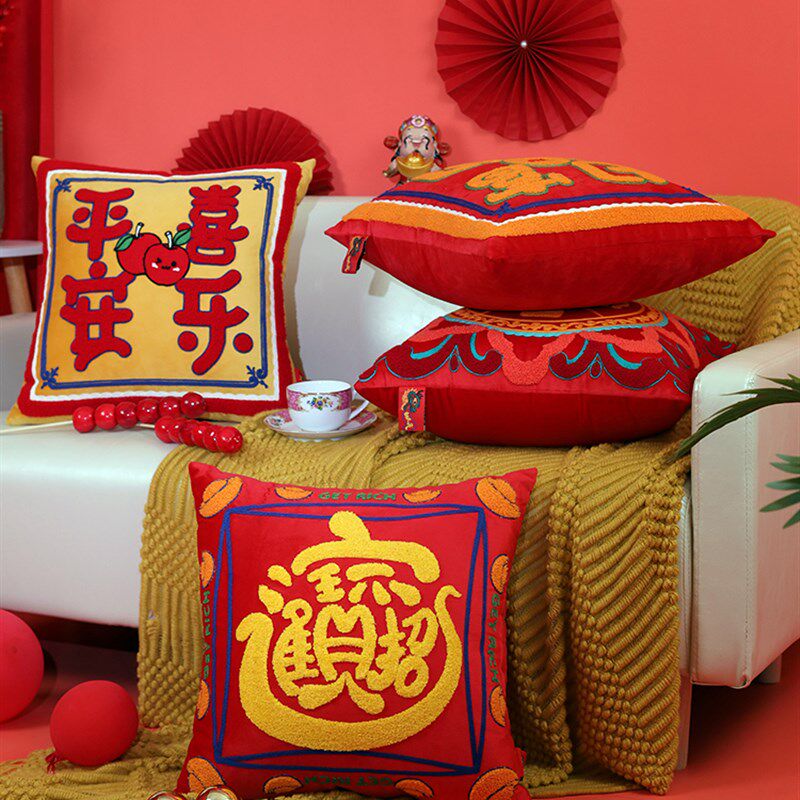 国潮抱枕喜庆招财毛巾绣绒布面料新中式图案立体装饰客厅沙发靠垫