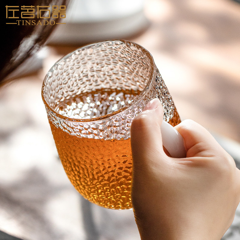 左茗右器四只套装玻璃杯家用喝水杯带把杯子日式锤纹咖啡杯茶杯