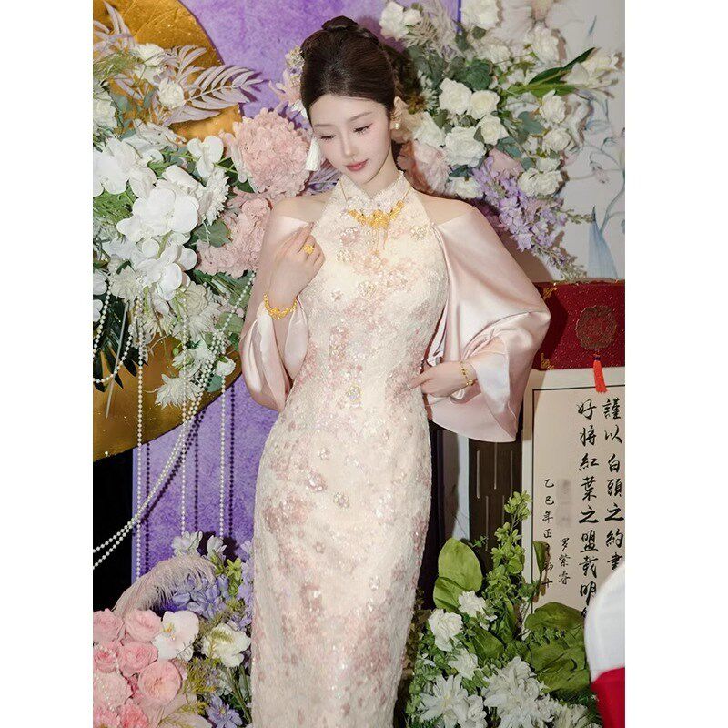 粉色旗袍敬酒服新娘2025新款高级感新中式订婚礼服女轻奢小众晨袍