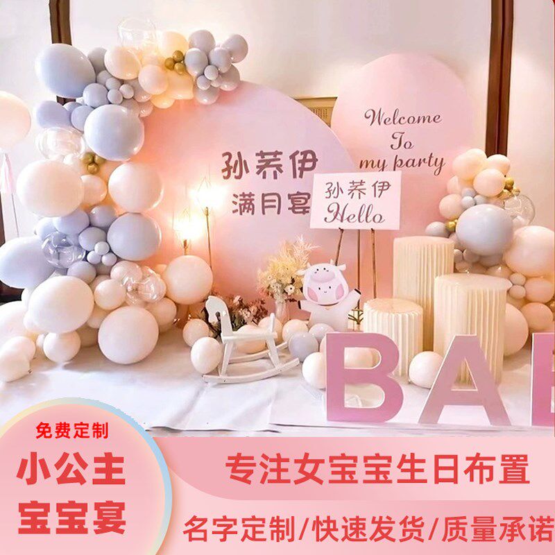 粉色生日布置女孩宝宝百天满月宴一十周岁气球装饰场景kt板背景墙