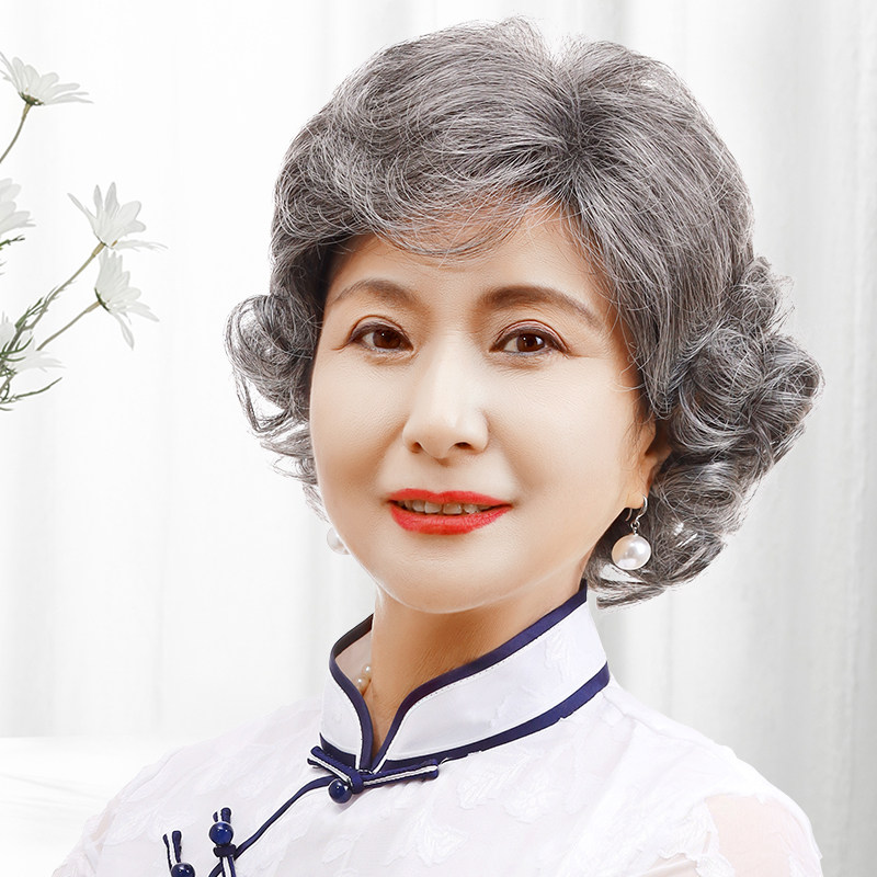 中老年女性短卷花白假发套 日常用全头白发假发 高温丝表演道具假