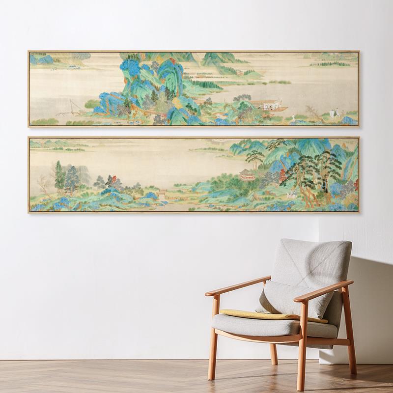水墨宣言 新中式古典青绿山水国画装饰画仇英浔阳送别图横幅挂画