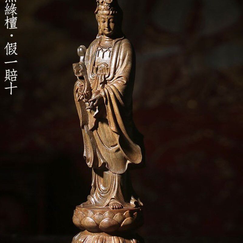 天然绿檀实木雕刻观音摆件文玩手把件人物工艺品客厅家居装饰品